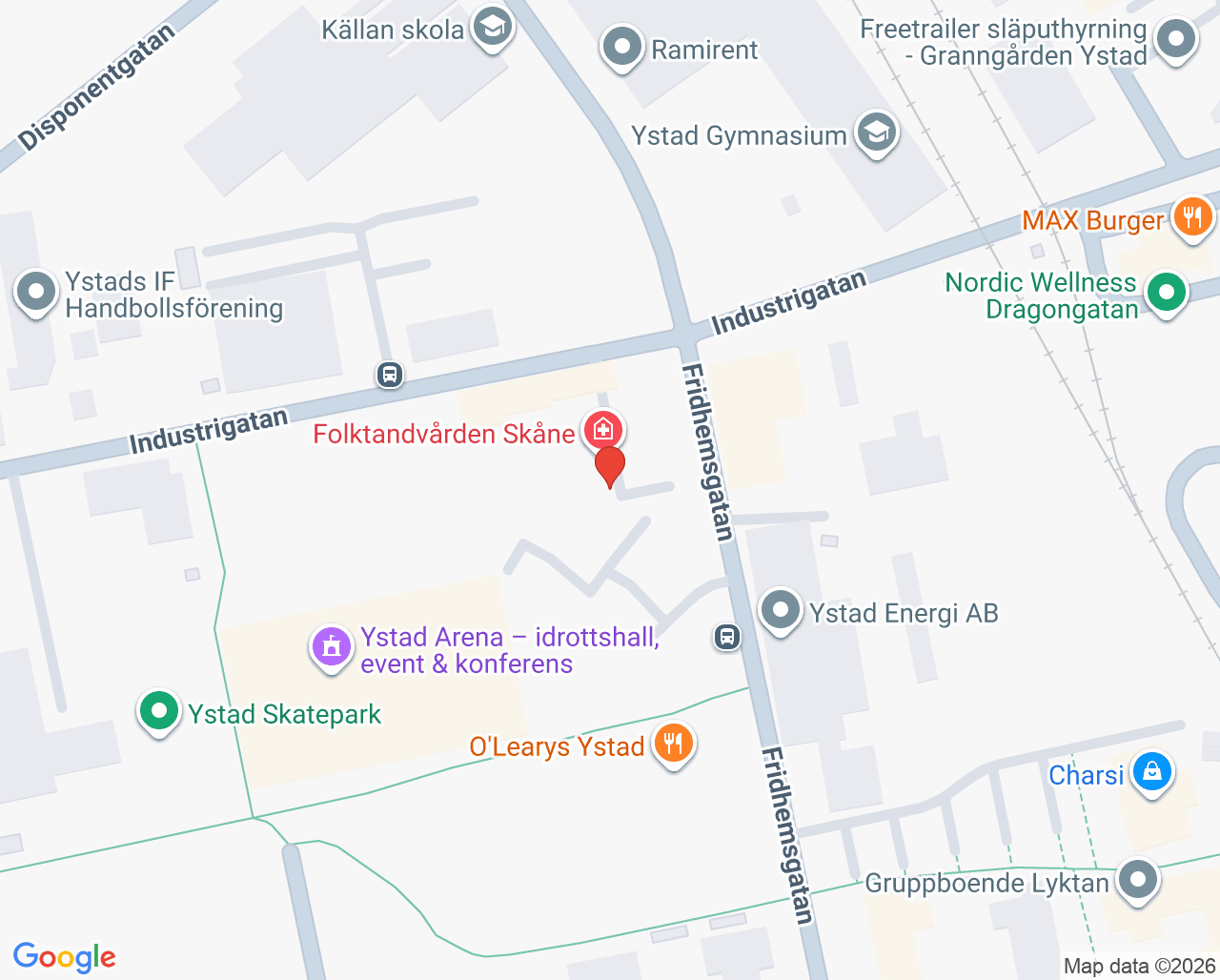 Karta till Vårdcentralen Praktikertjänst Arenastaden Ystad