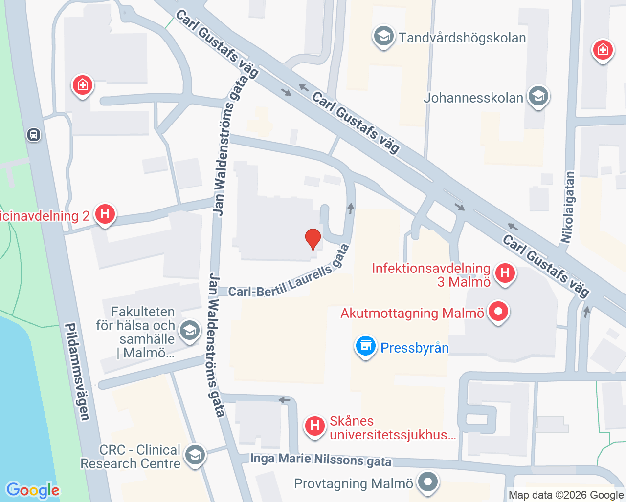 Karta till Akutmottagning vuxenpsykiatri Malmö