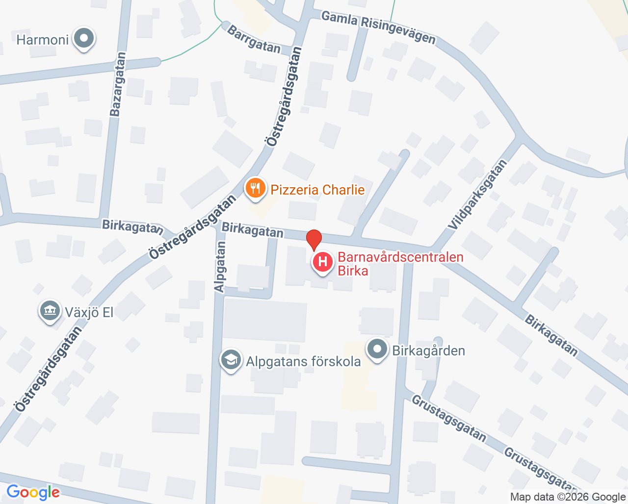 Karta till Birka primärvårdsrehab, Växjö