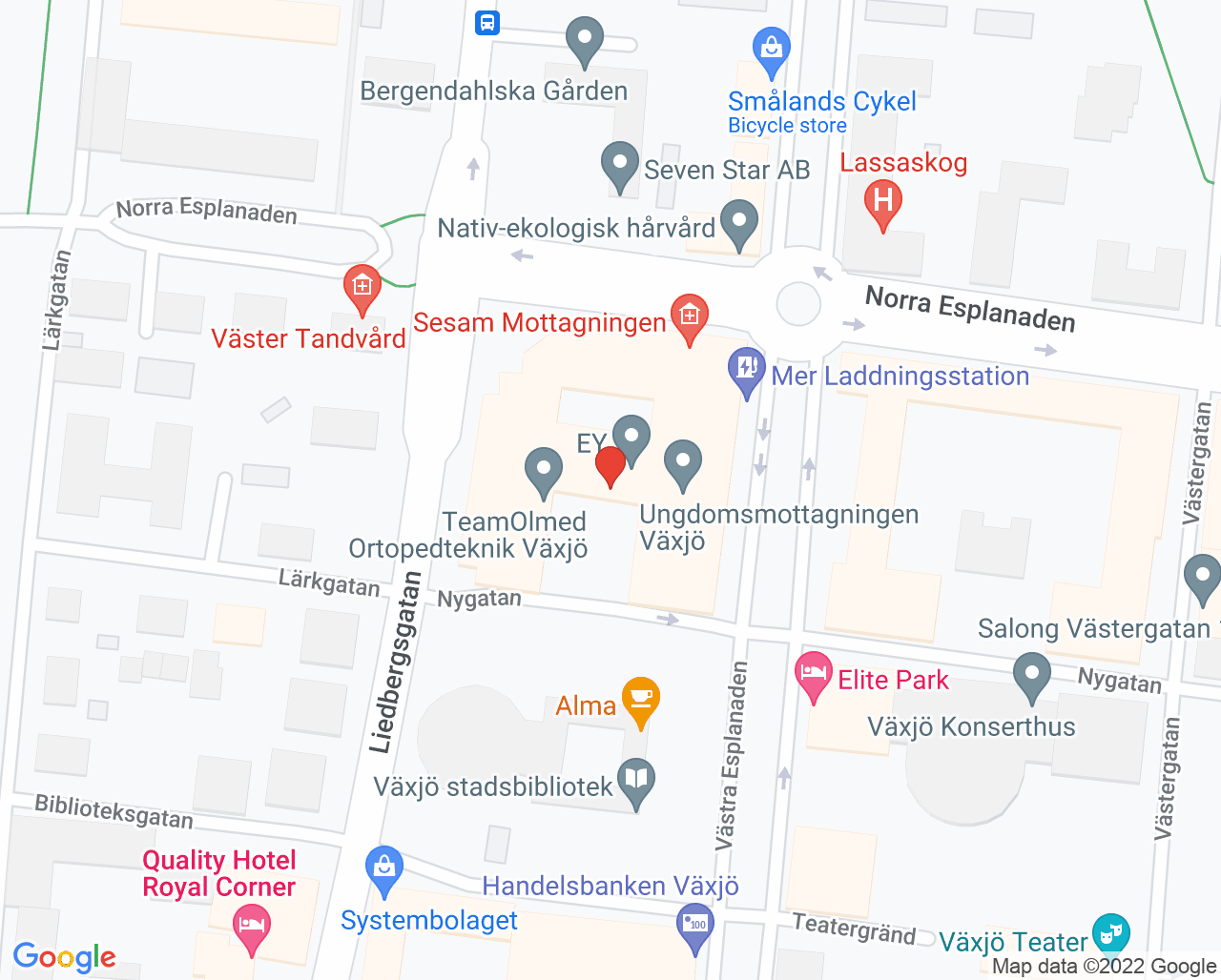 Karta till Vårdcentralen Centrum, Växjö centrum