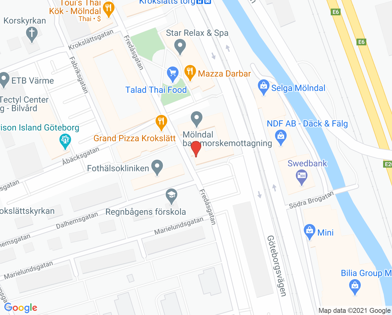 Karta till Närhälsan Krokslätt vårdcentral - ungas psykiska hälsa, Mölndal