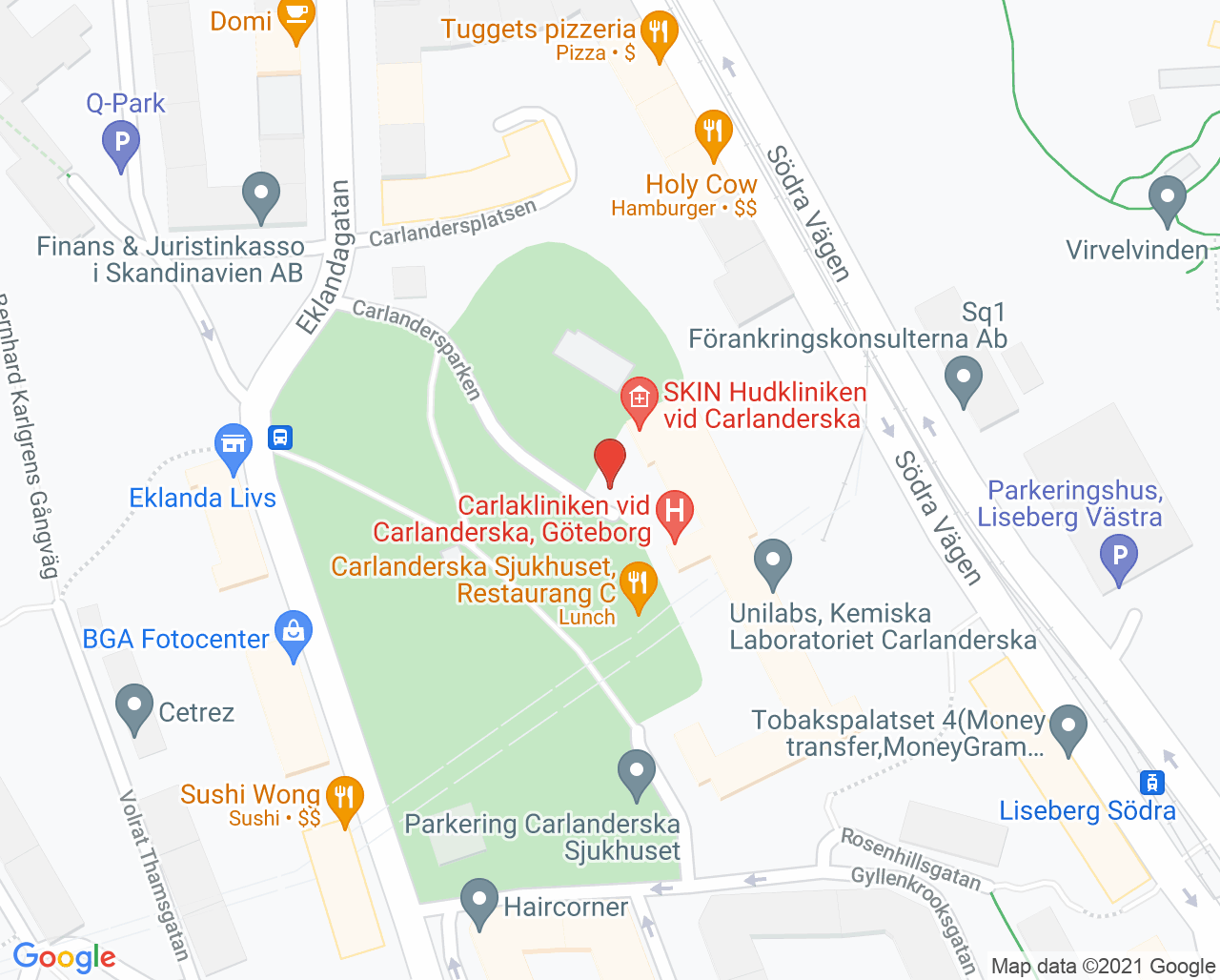 Karta till Medicinkliniken Carlanderska, Göteborg