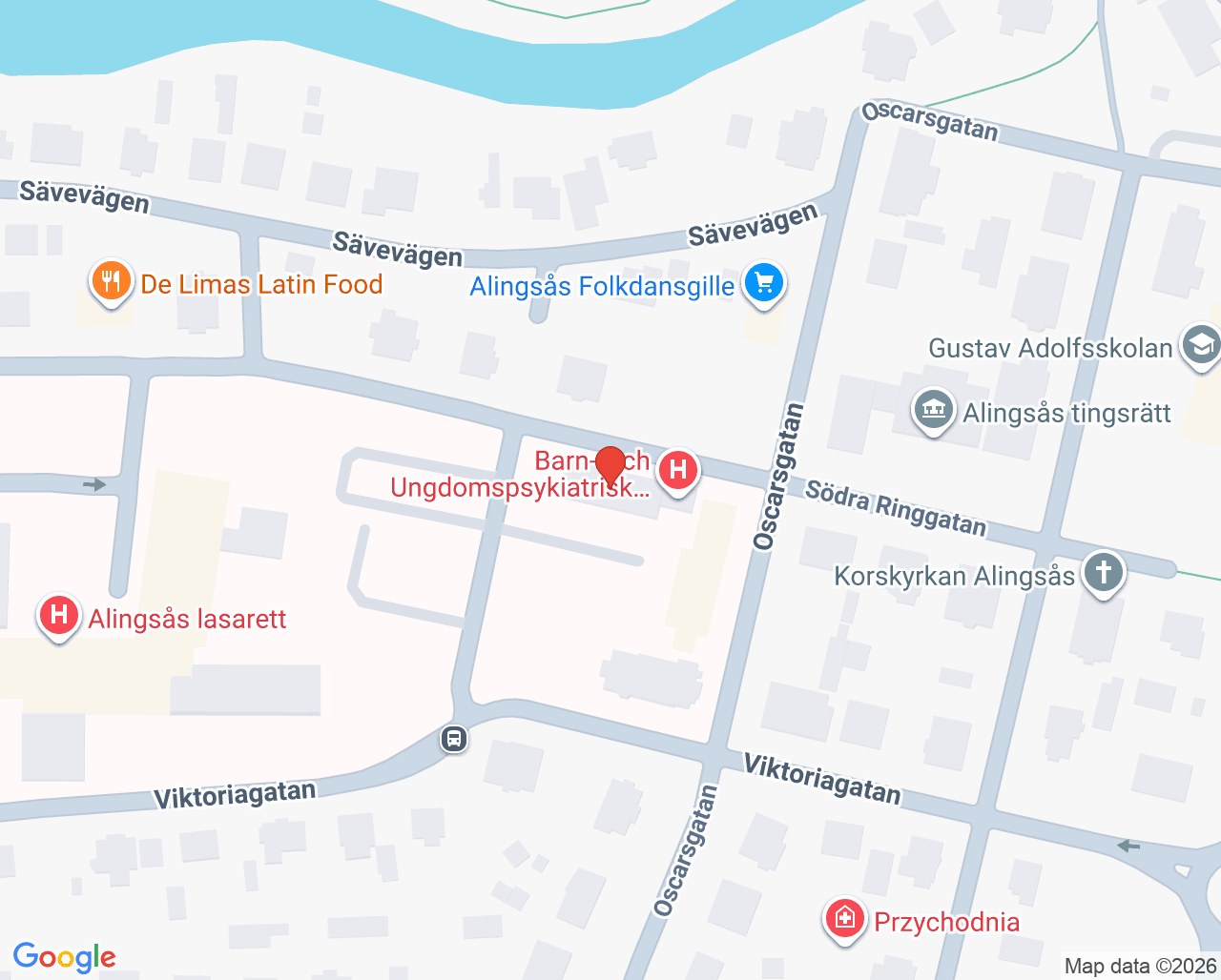 Karta till Alingsås psykologmottagning föräldraskap och små barn, Alingsås