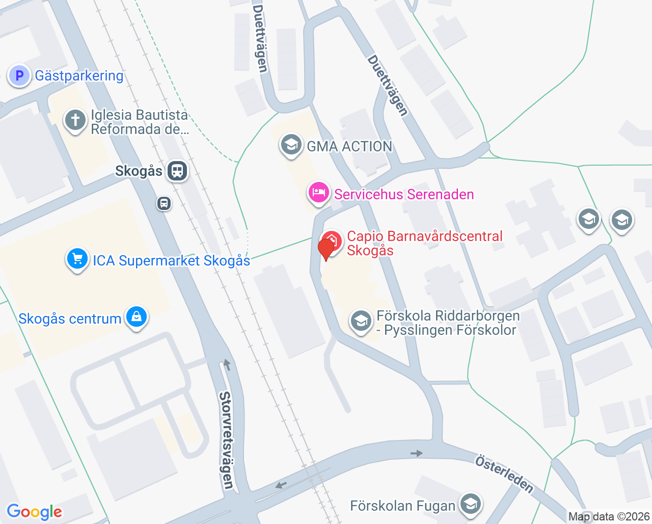 Karta till Capio Vårdcentral Skogås