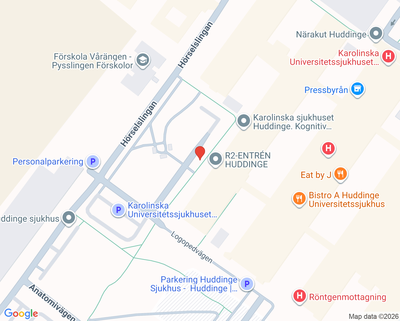 Karta till Mottagning Trafikmedicin Huddinge, Karolinska Universitetssjukhuset