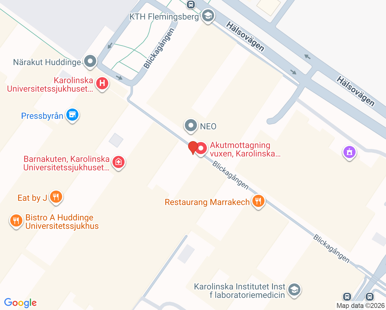 Karta till Akutmottagning Huddinge, Karolinska Universitetssjukhuset