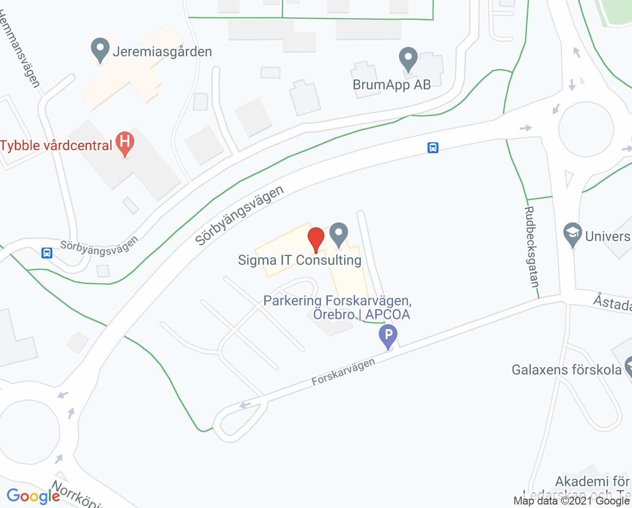 Karta till Barnmorskemottagningen Forskarvägen Tybble vårdcentral