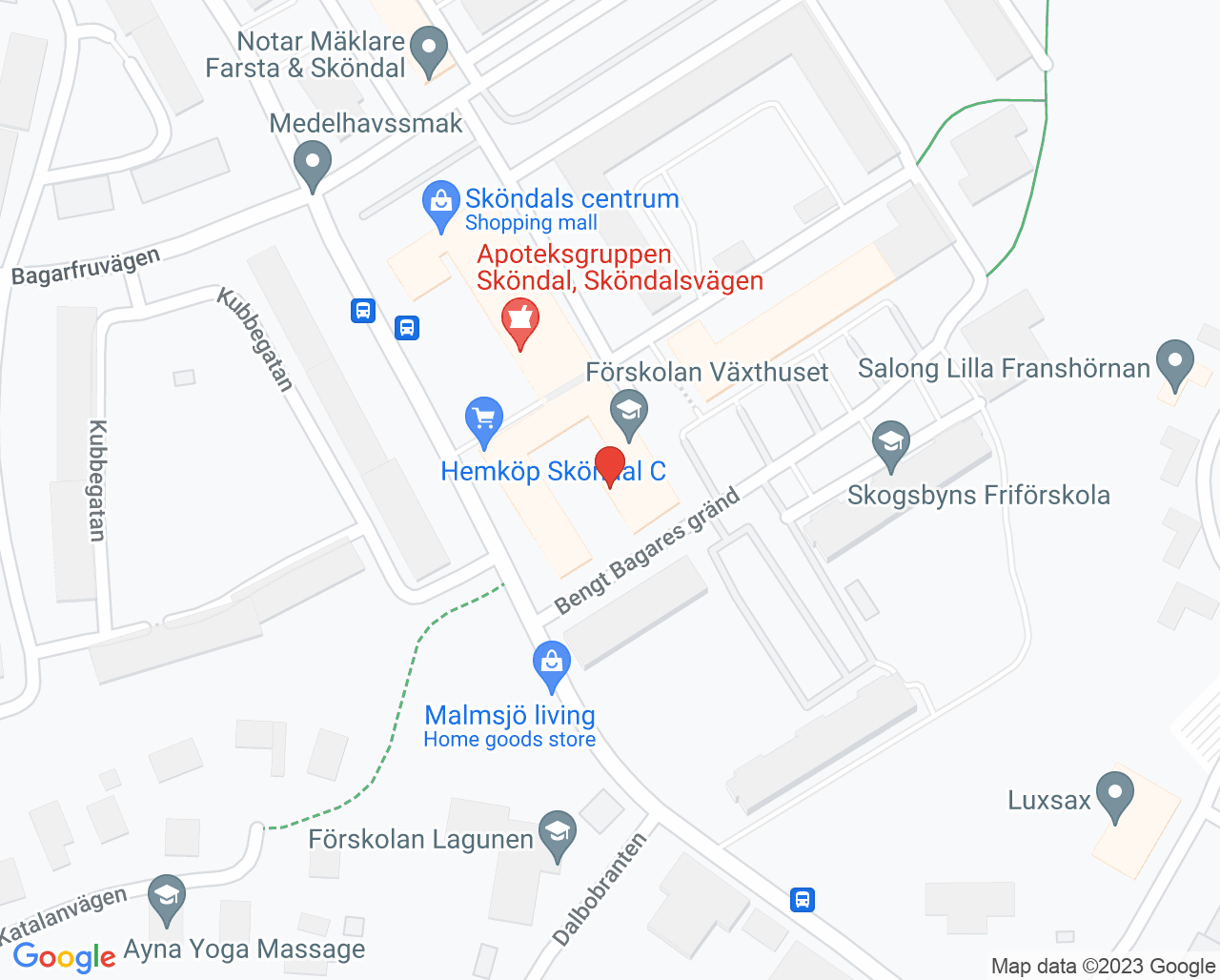 Karta till Sköndals Vårdcentral, Sköndals centrum