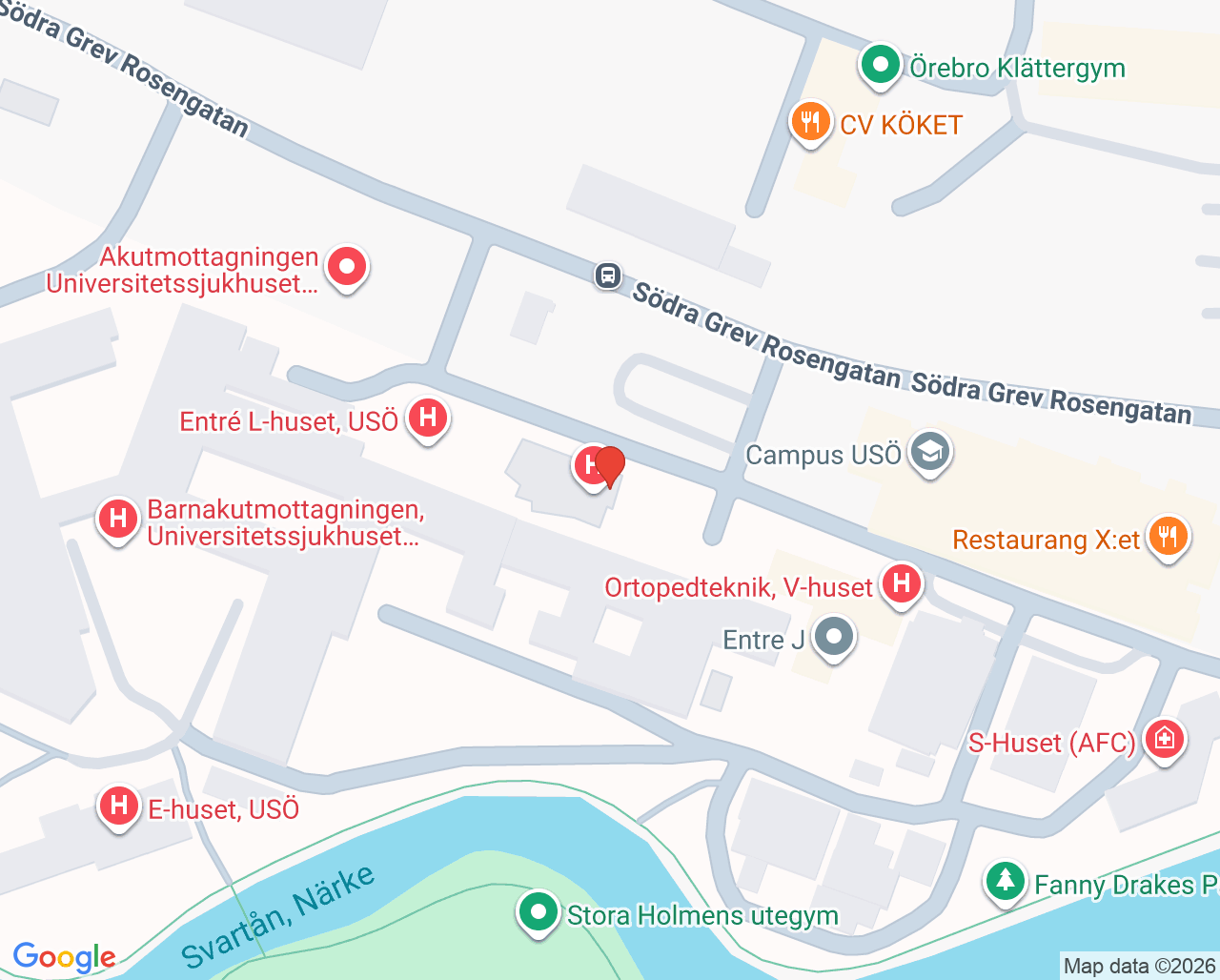 Karta till Psykiatriska akutmottagningen Universitetssjukhuset Örebro, Örebro