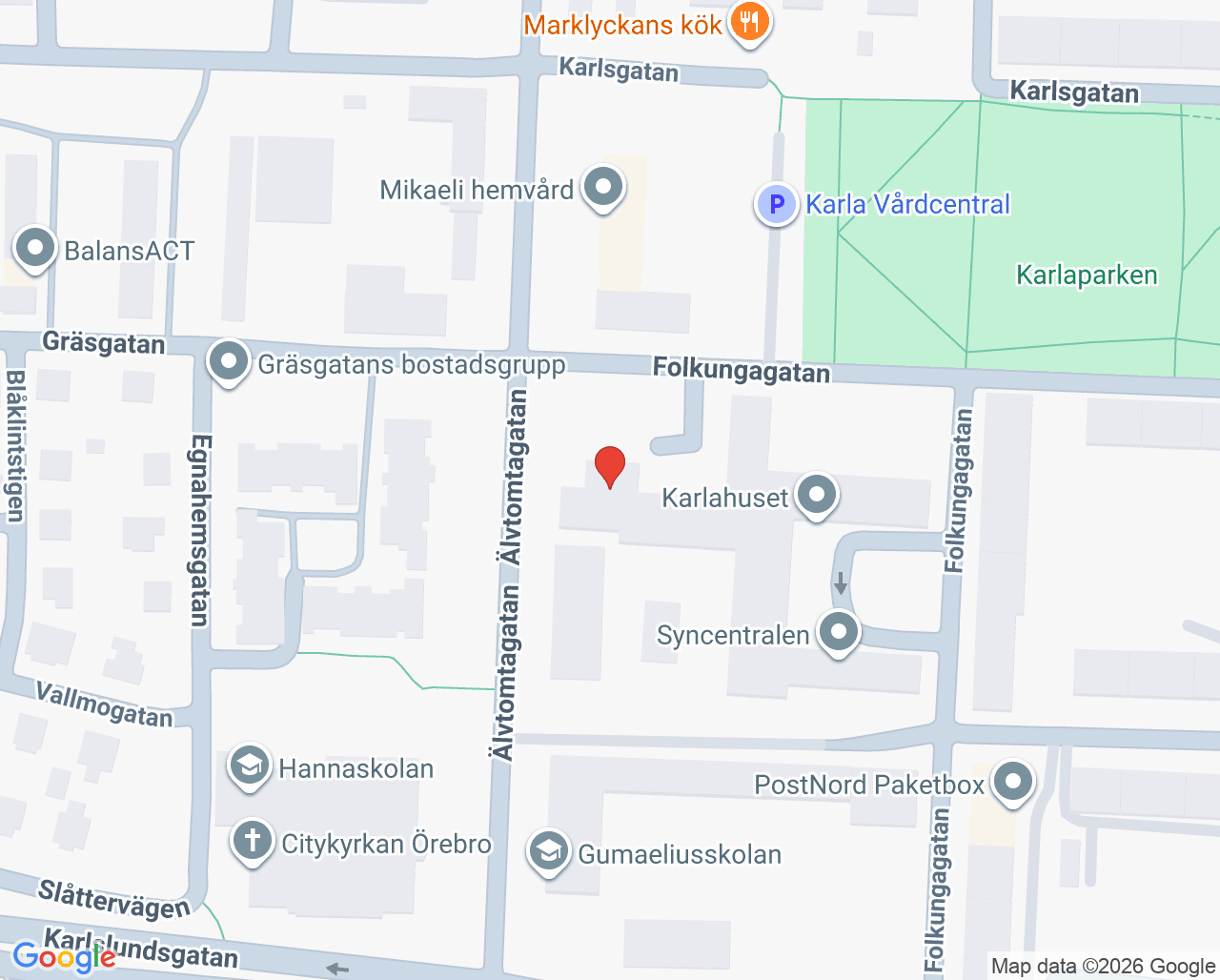 Karta till Barnavårdscentralen BVC Karla vårdcentral