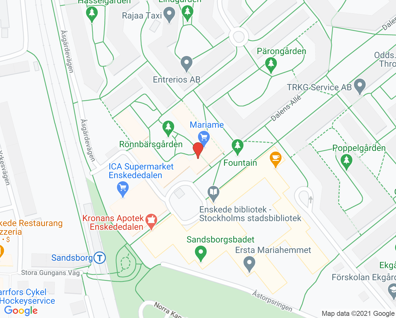 Karta till Enskede tandhörna - tandläkare Caroline Roginski