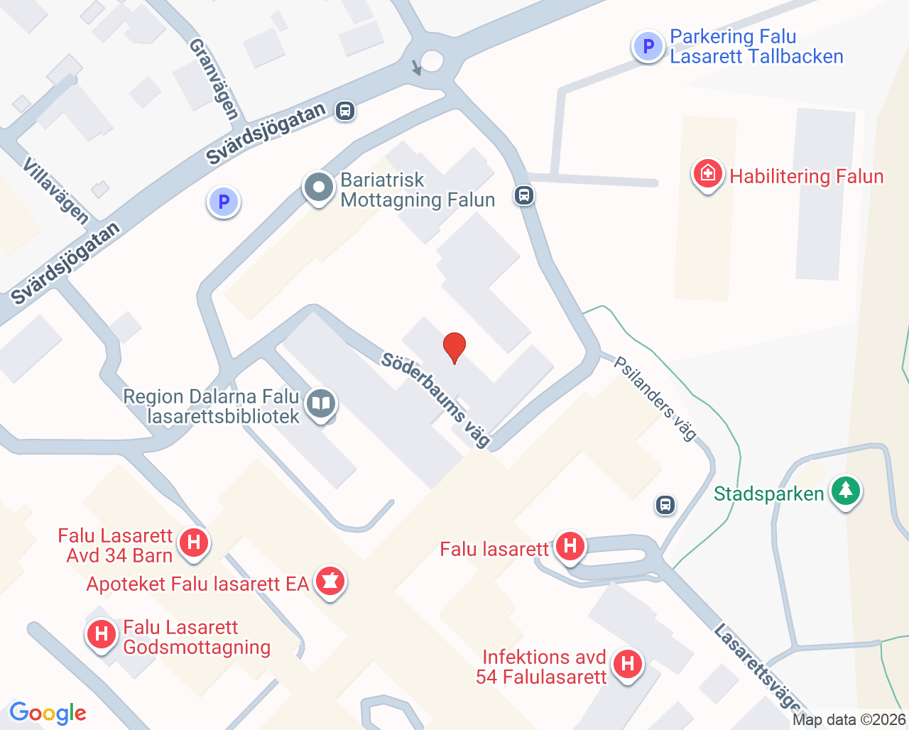 Karta till Öron- näs- och halsmottagning Falun, Falu lasarett