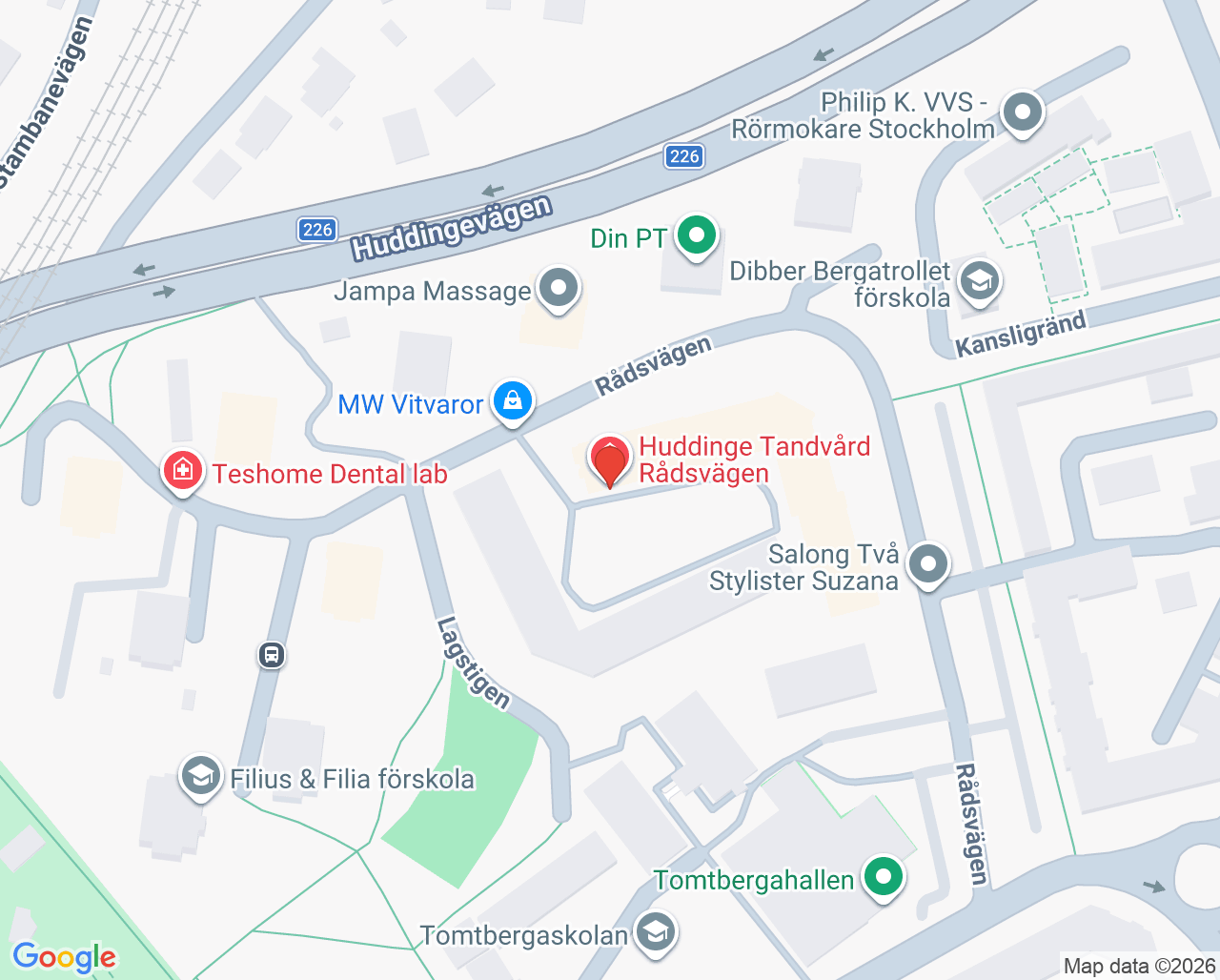 Karta till Huddinge Tandvård Rådsvägen, Huddinge