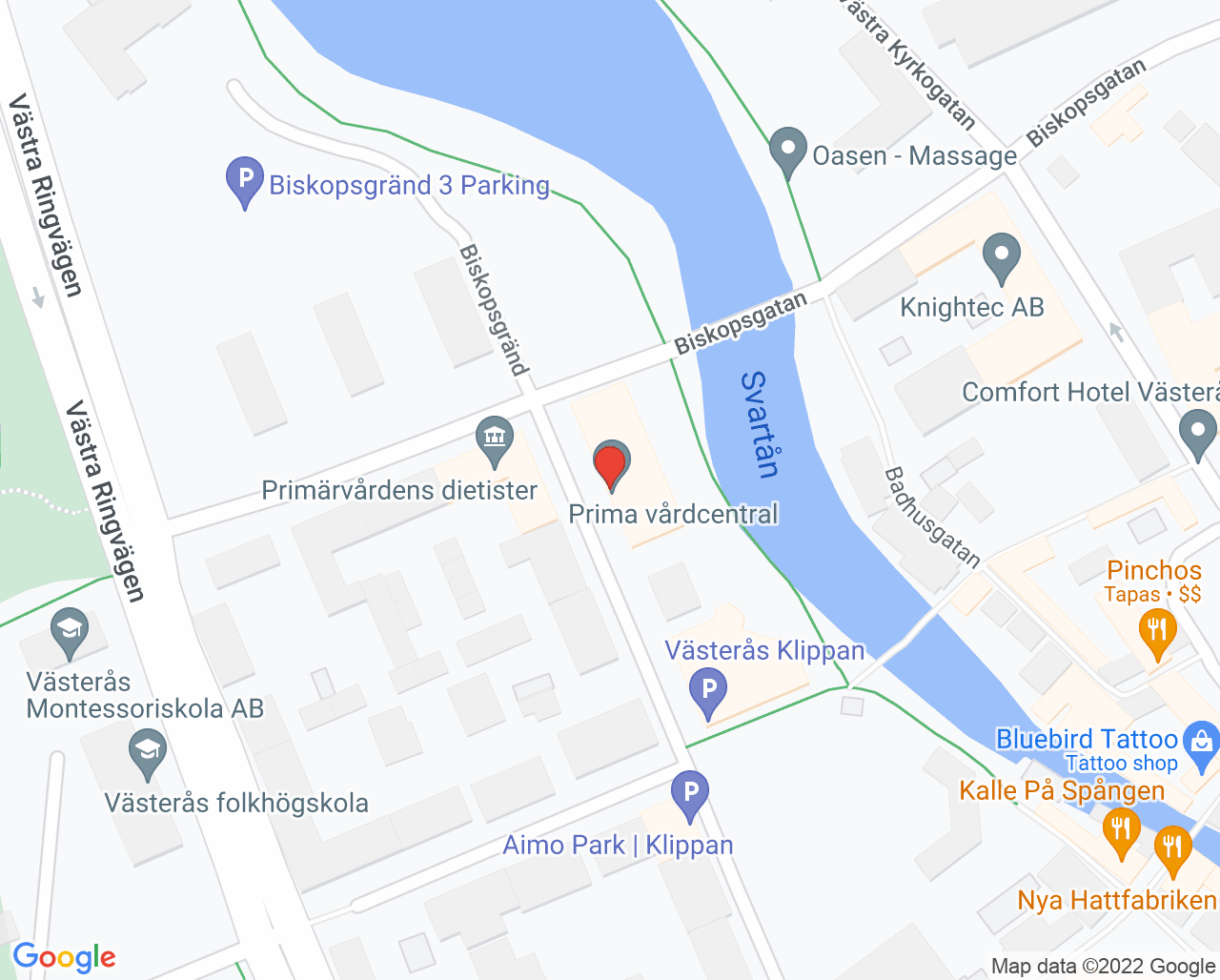 Karta till Prima vaccinationsmottagning, Västerås