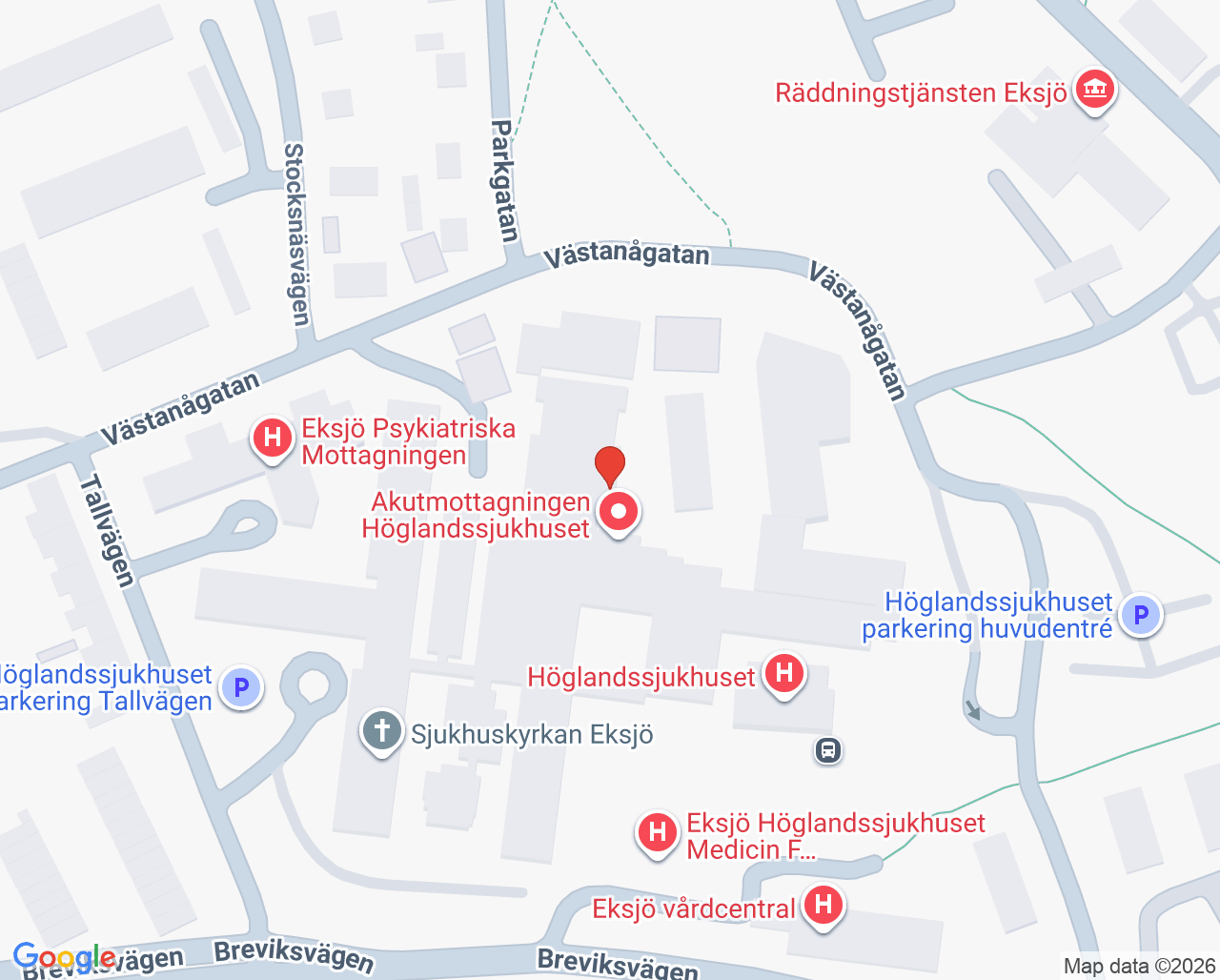 Karta till Akutmottagningen Höglandssjukhuset Eksjö