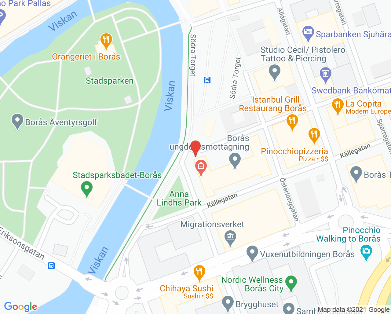 Karta till Borås ungdomsmottagning Södra torget, Borås