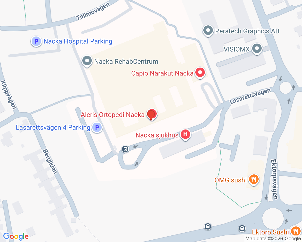 Karta till Aleris Ortopedi Nacka - ryggkirurgi, Nacka