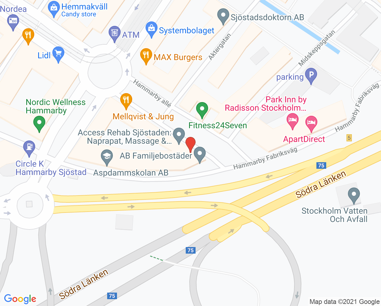 Karta till Access Rehab Sjöstaden Stockholm