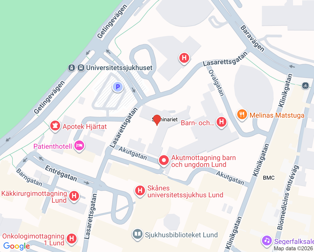Karta till Smärtrehabiliteringsmottagning barn och ungdom Lund