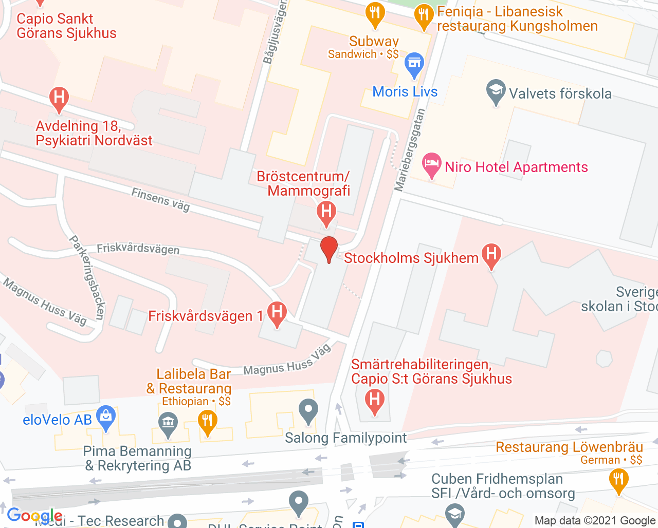 Karta till Maria Ungdom Akut- och heldygnsvård, Beroendecentrum Stockholm