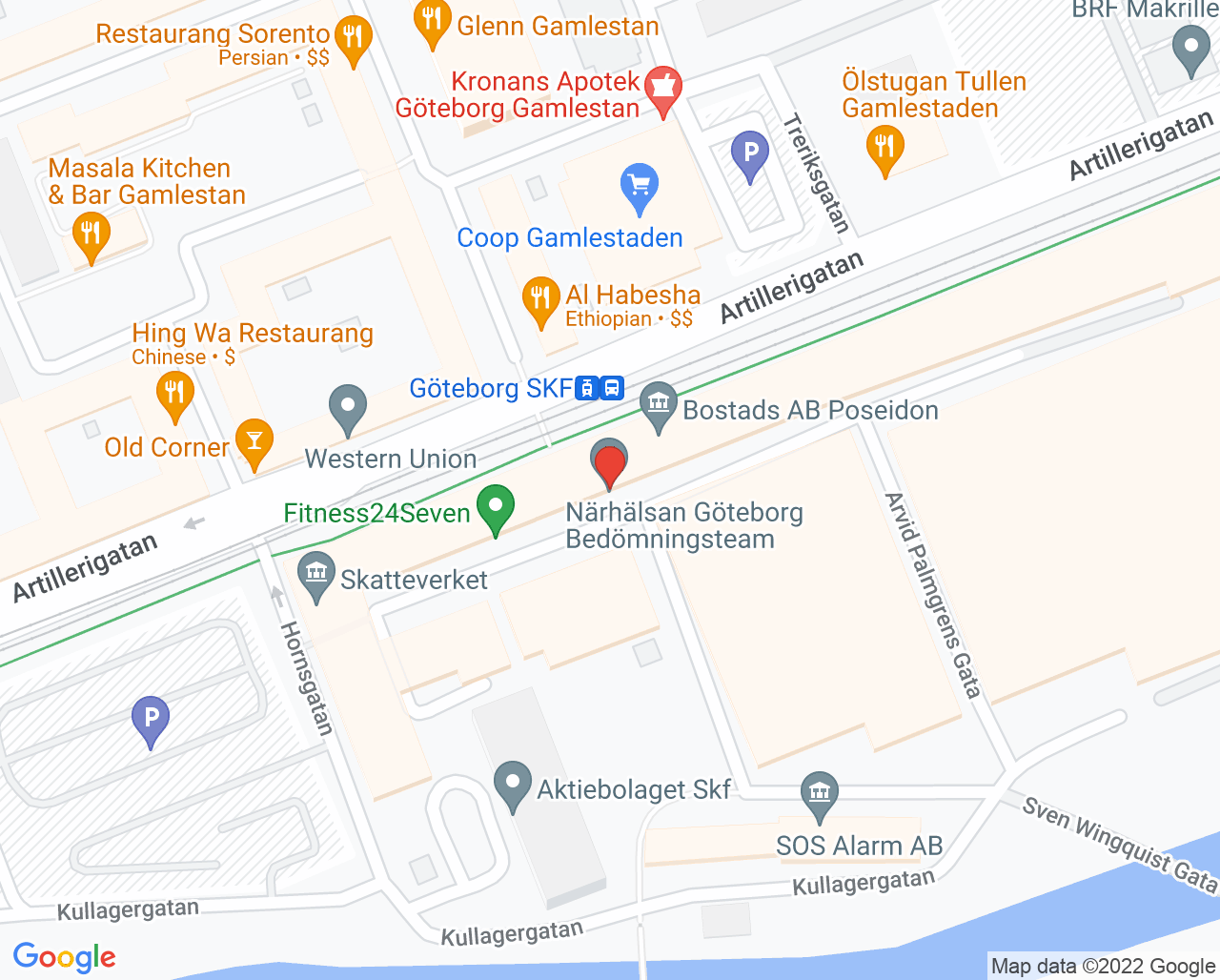 Karta till Partille psykologmottagning föräldraskap och små barn, Göteborg