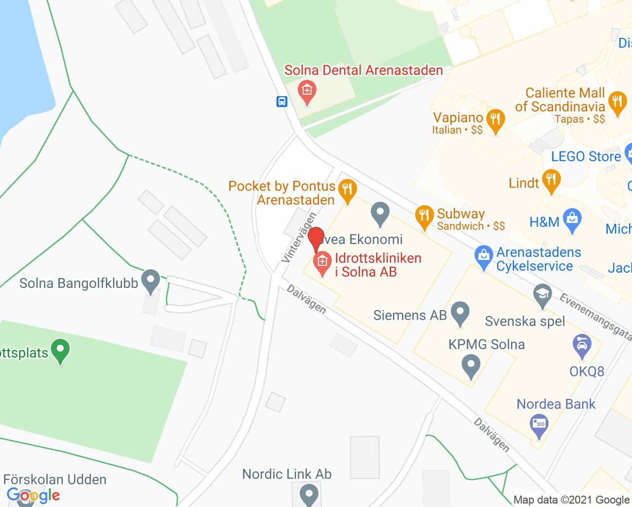 Karta till Idrottskliniken Rehab Solna - JK Idrott Spec fysioterapi, Solna