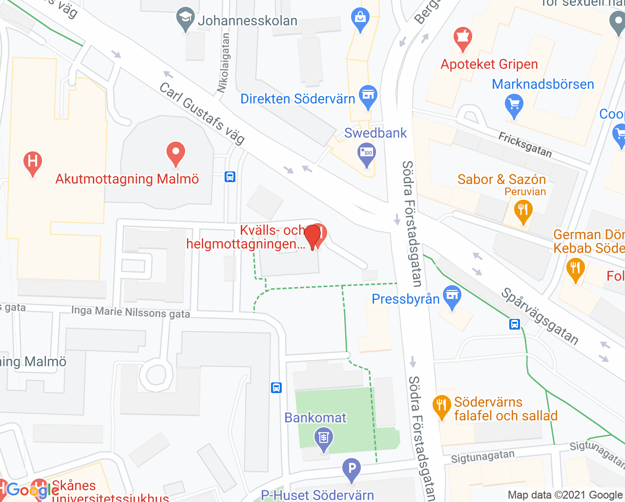 Karta till Kvälls- och helgmottagningen Södervärn, Malmö