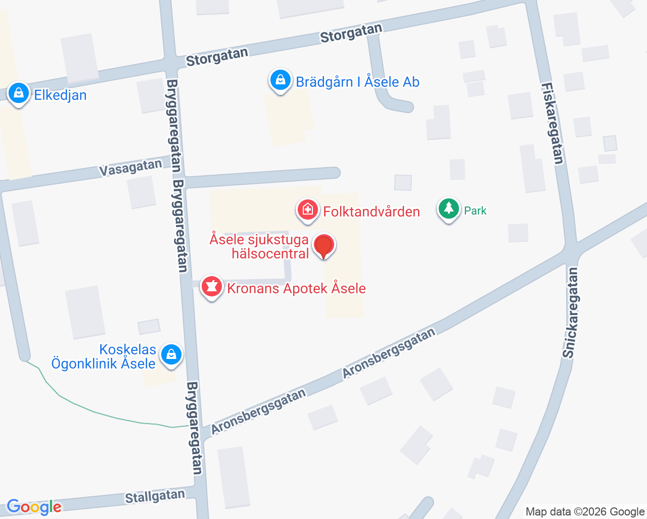 Karta till Åsele sjukstuga hälsocentral