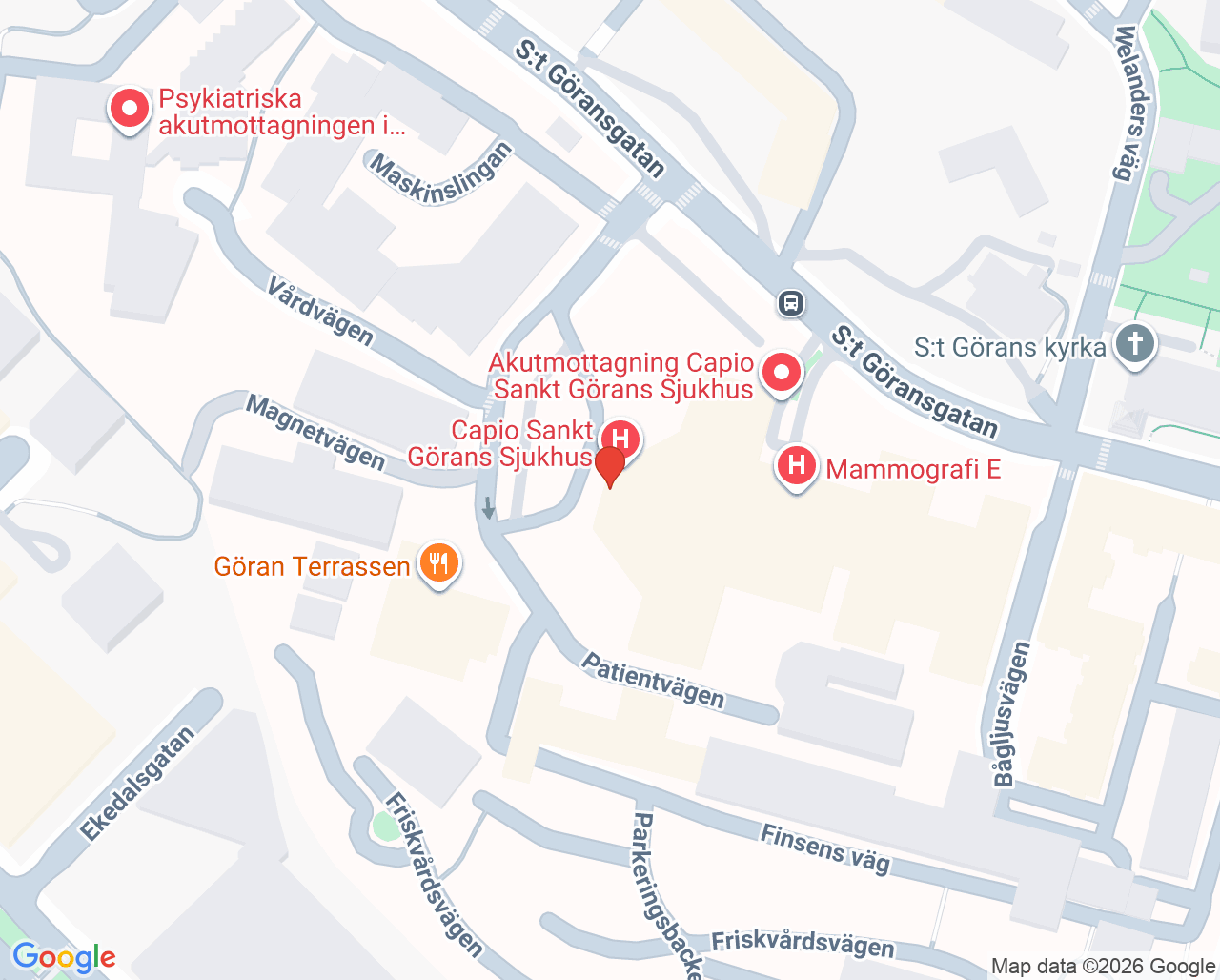 Karta till Kirurgmottagningen, Capio S:t Görans Sjukhus