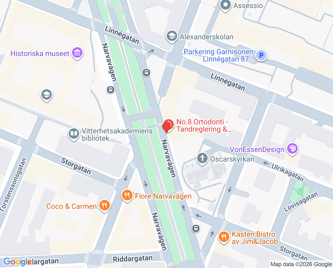 Karta till No.8 Ortodonti Östermalm
