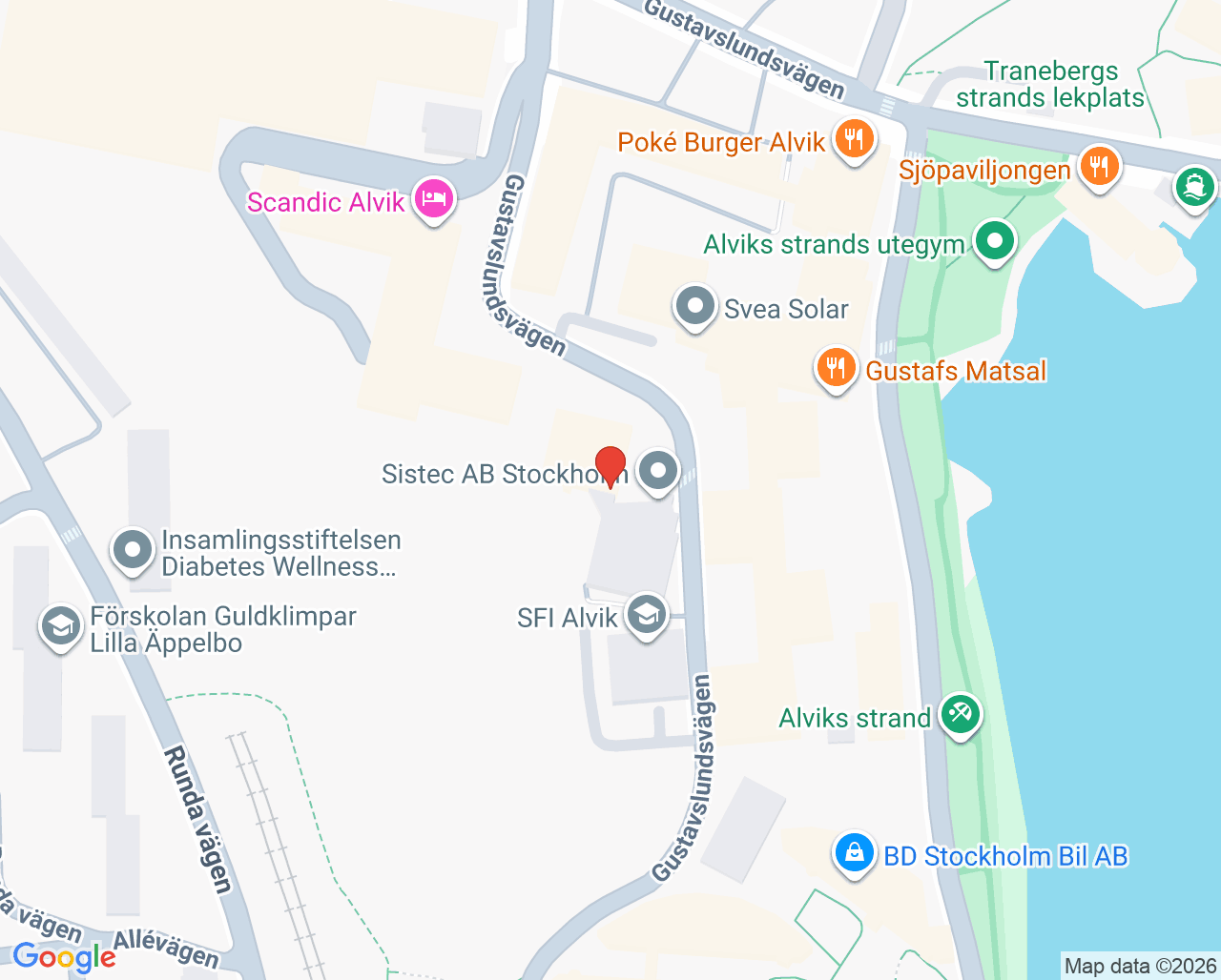 Karta till Specialistpsykiatrisk mottagning Alviks Strand, Psykosvård Stockholm