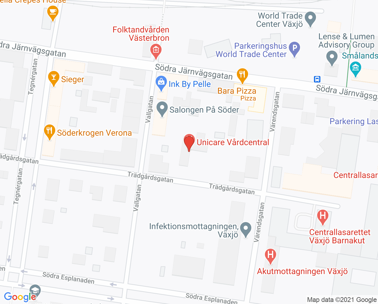 Karta till Vårdcentralen Prima Vård Söder, Växjö