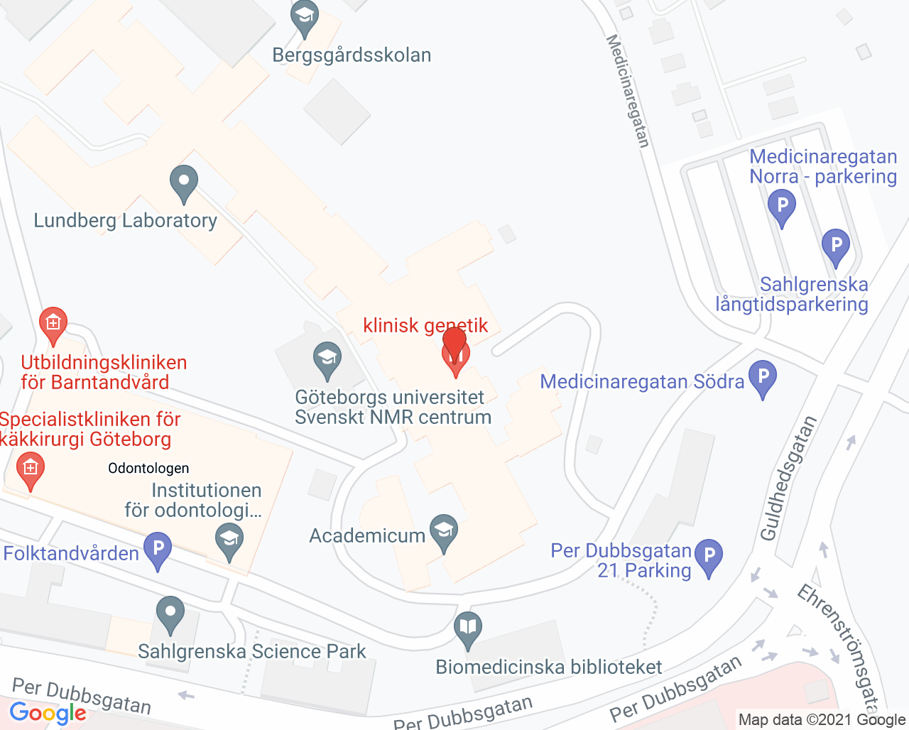 Karta till Klinisk genetik mottagning, Göteborg