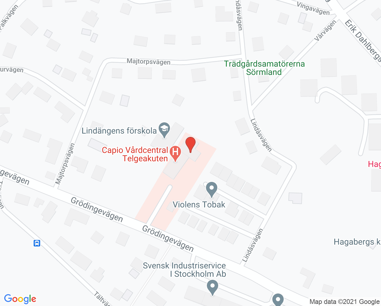 Karta till Telgeakuten Företagshälsovård vaccination, Södertälje