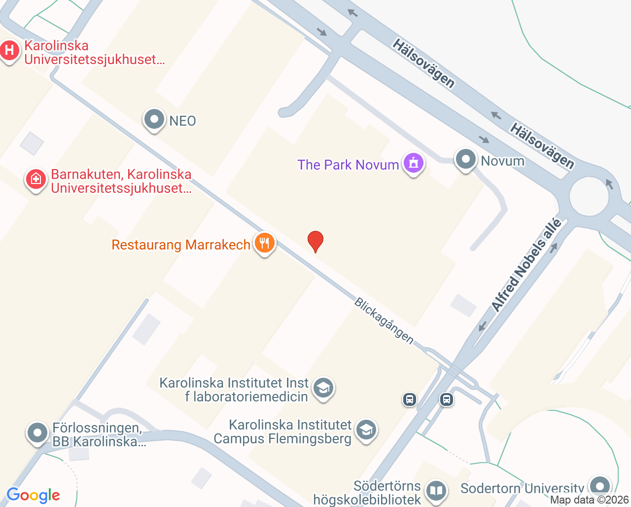 Karta till Diagnostiskt utredningsteam Huddinge, Hjärnskaderehabilitering mottagning Huddinge, Sektion Högspecialiserad neurorehabilitering öppenvård, Rehabiliteringsmedicinska Universitetskliniken