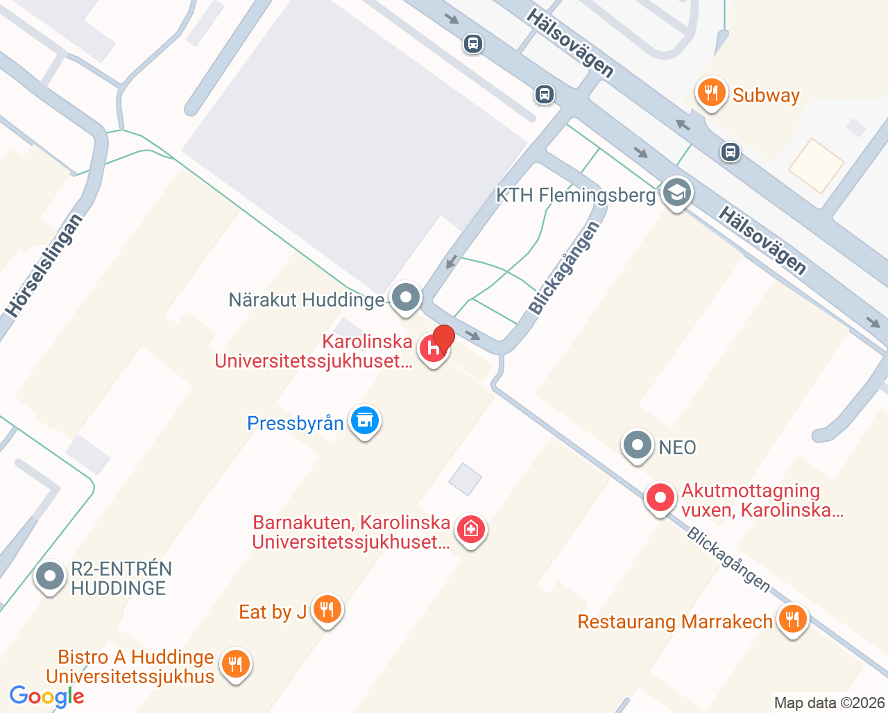 Karta till Mottagning CAST Huddinge, Karolinska Universitetssjukhuset