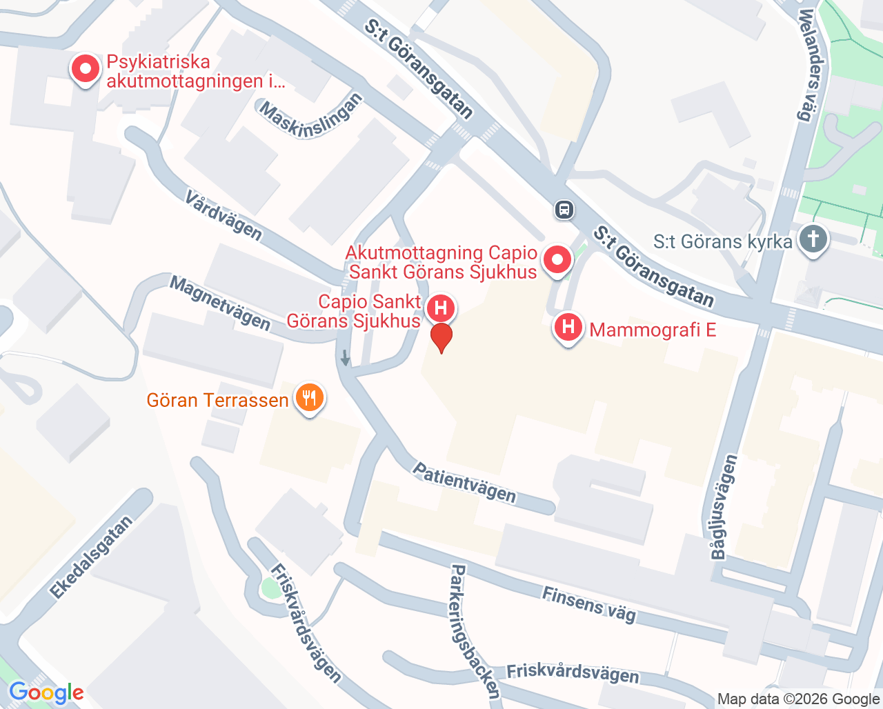 Karta till Ortopedkliniken, Capio S:t Görans Sjukhus