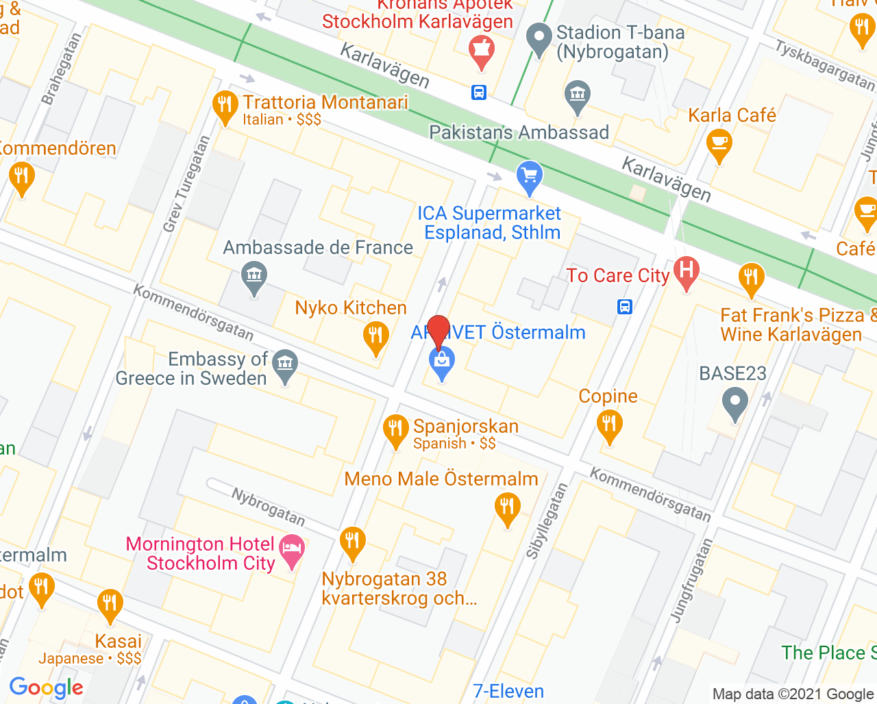 Karta till Nybrokliniken, Östermalm