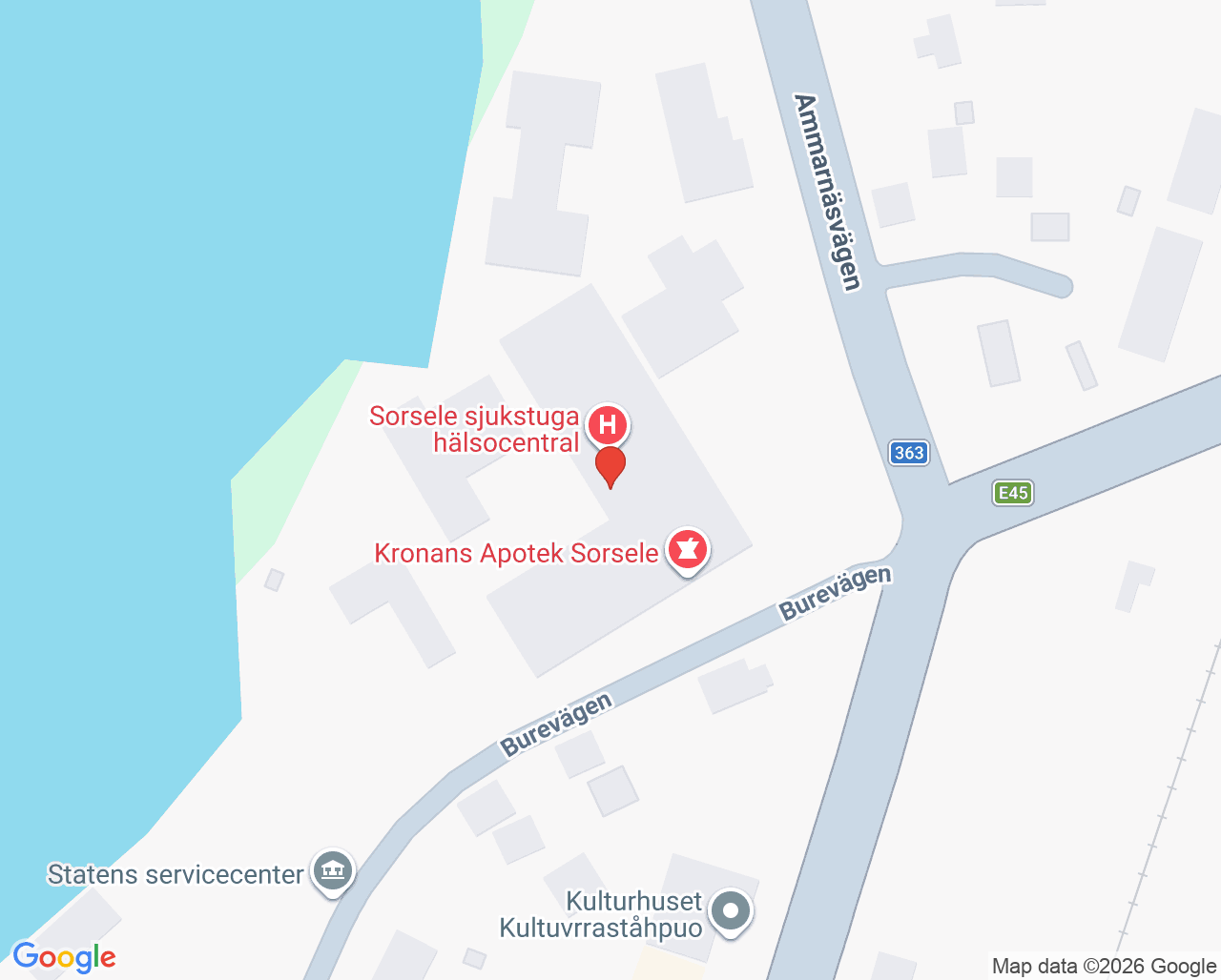 Karta till Sorsele sjukstuga hälsocentral