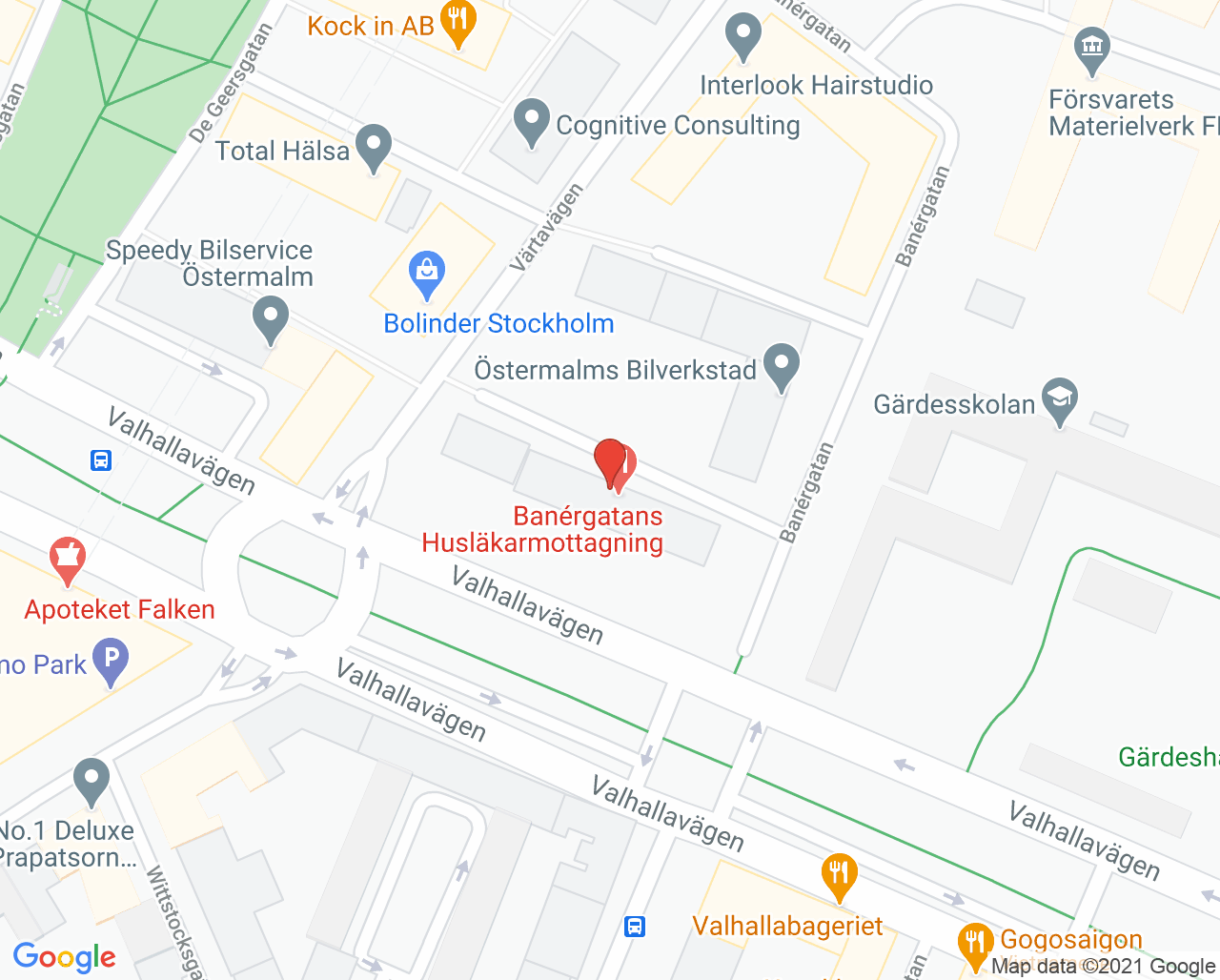 Karta till Banérgatans Husläkarmottagning, Östermalm
