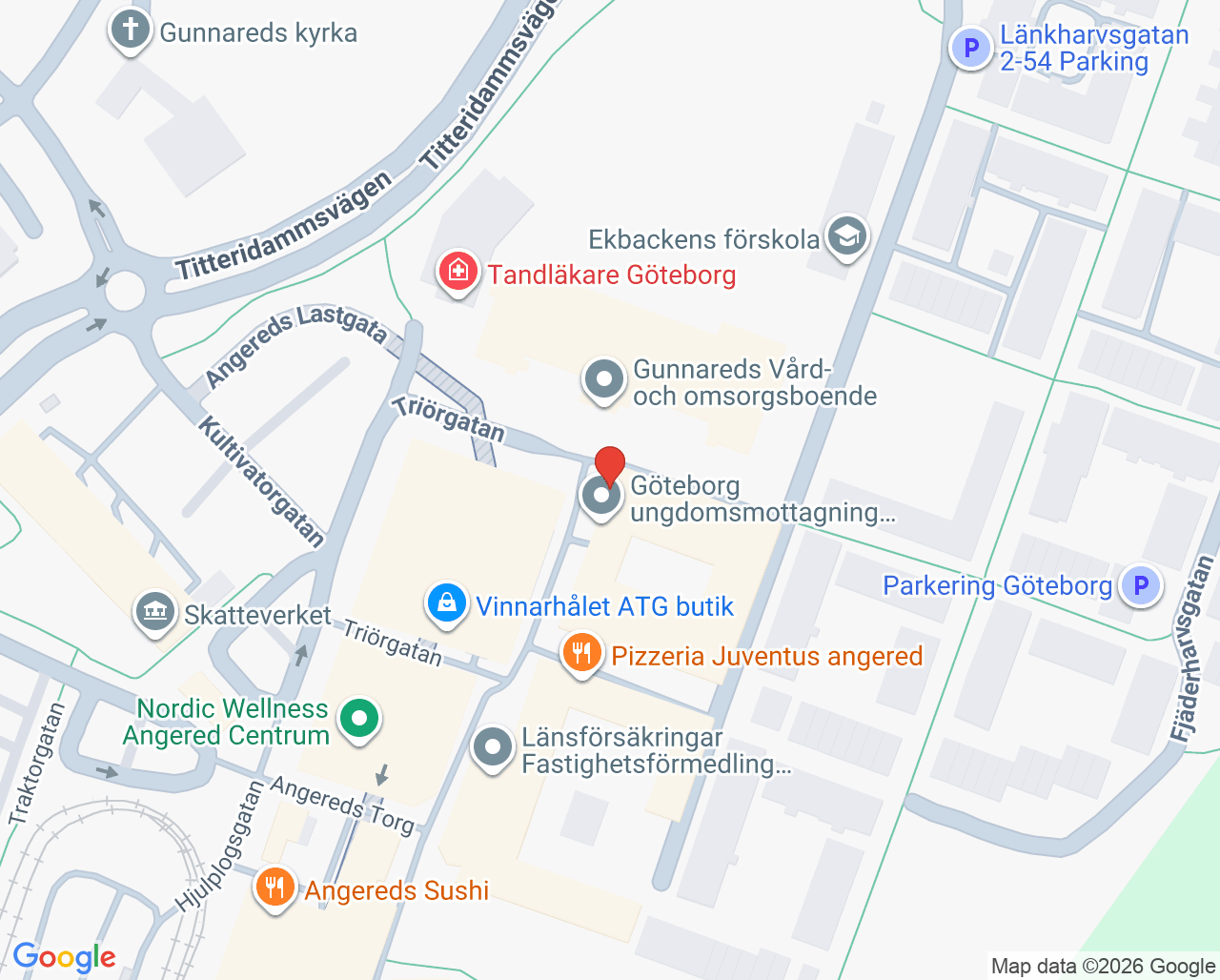 Karta till Göteborg ungdomsmottagning Angered, Göteborg