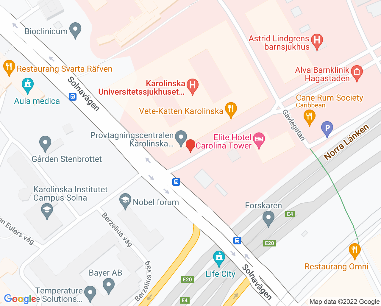 Karta till Mottagning Hörsel och balans Solna, Karolinska Universitetssjukhuset