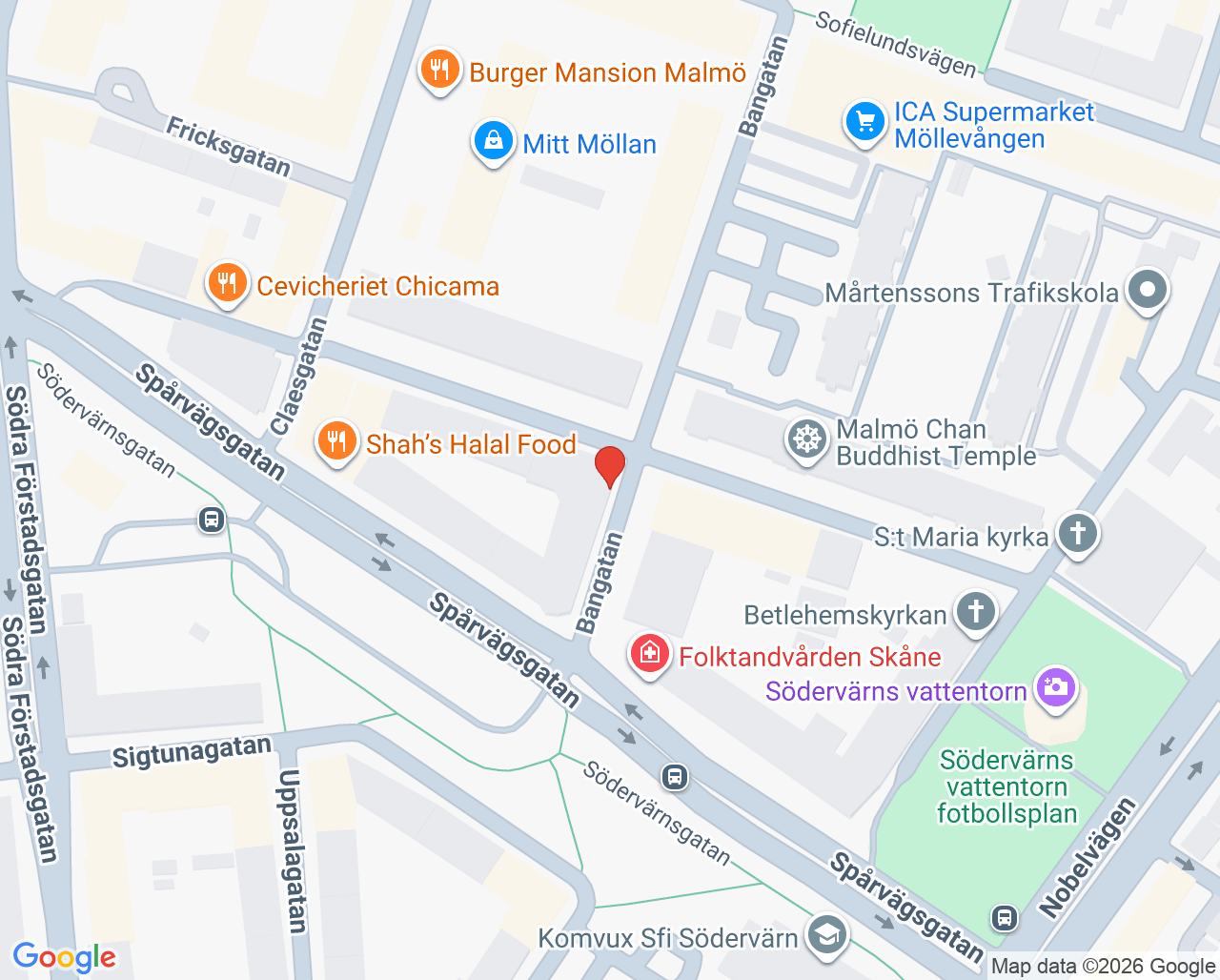 Karta till Malmö Bangatan, Folktandvården Skåne AB
