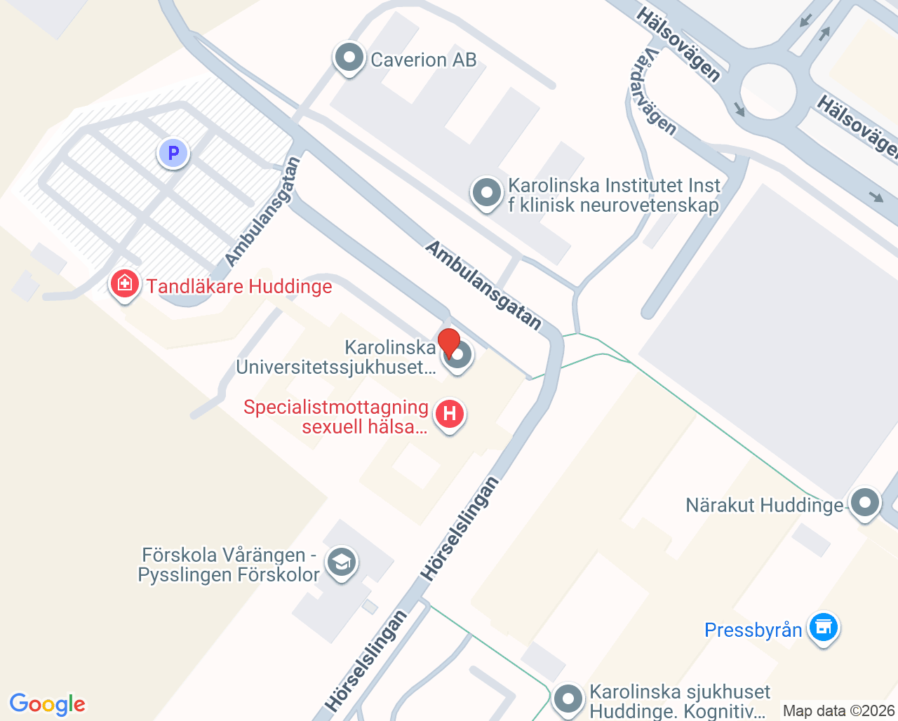 Karta till Mottagning Infektion 1 Huddinge, Karolinska Universitetssjukhuset