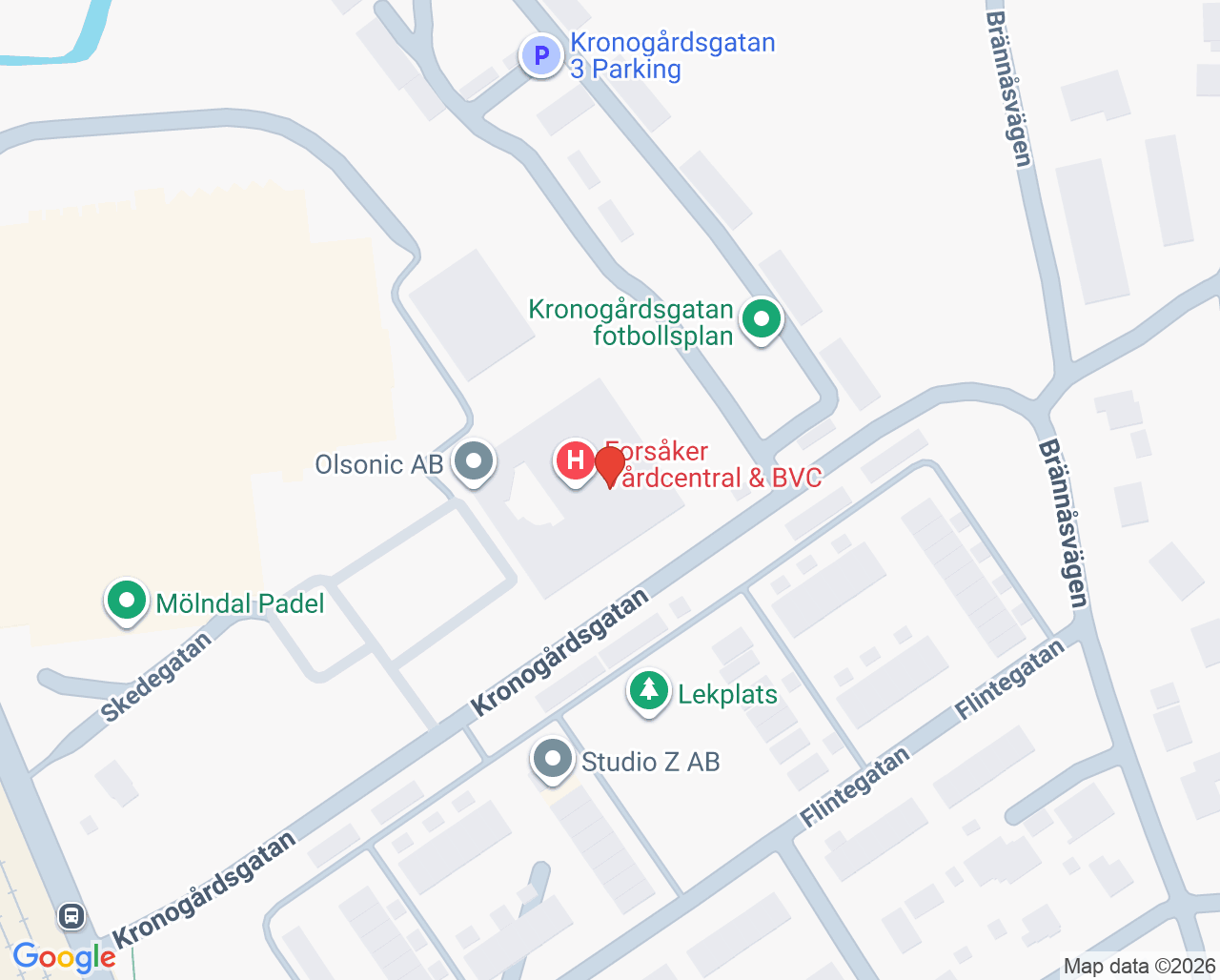 Karta till Forsåker Vårdcentral och BVC, Mölndal