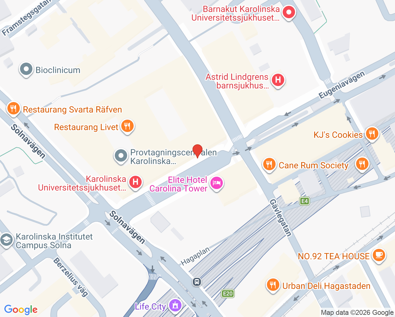 Karta till Mottagning Anestesi Solna, Karolinska Universitetssjukhuset