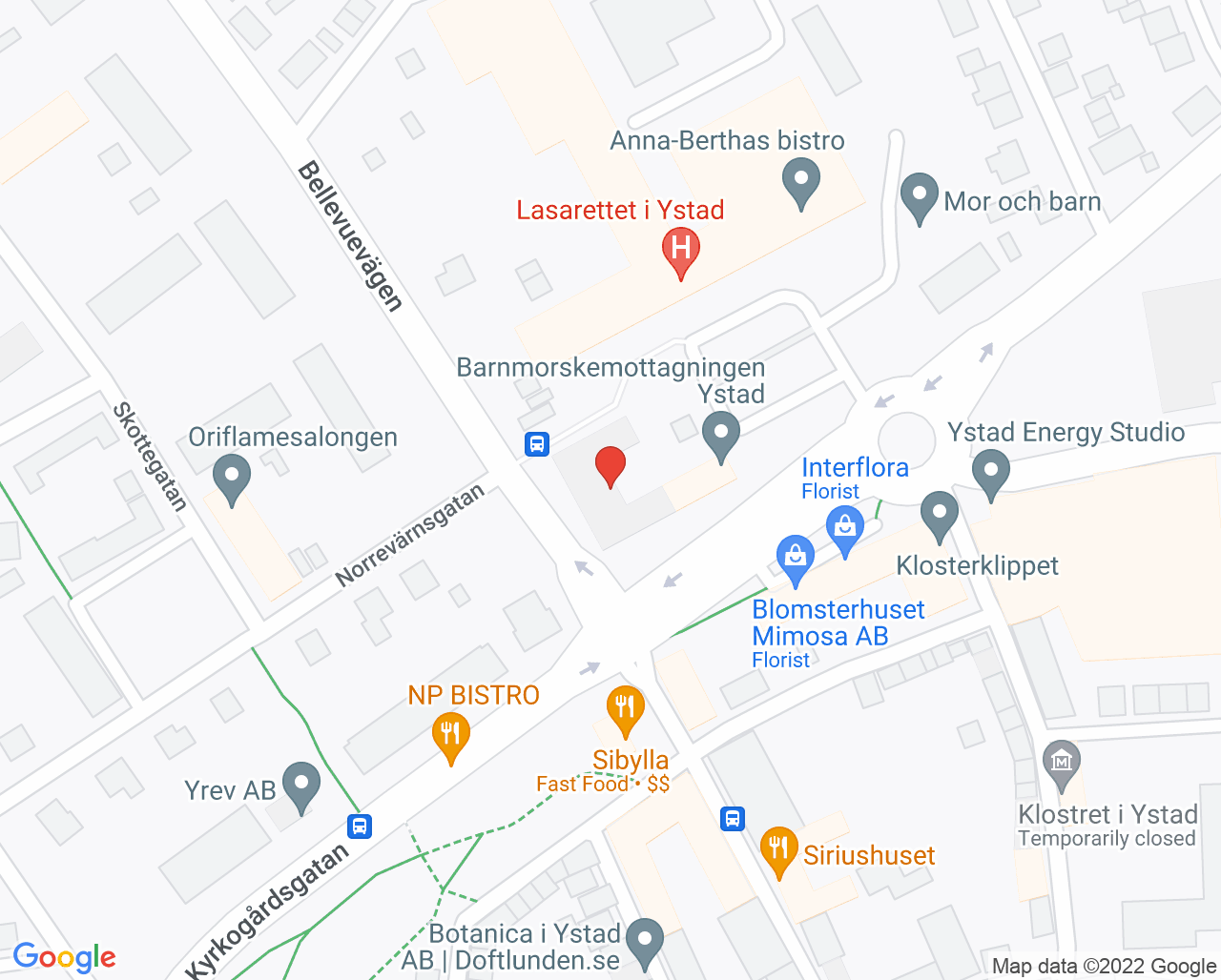 Karta till Barn- och ungdomsmedicinmottagning Ystad