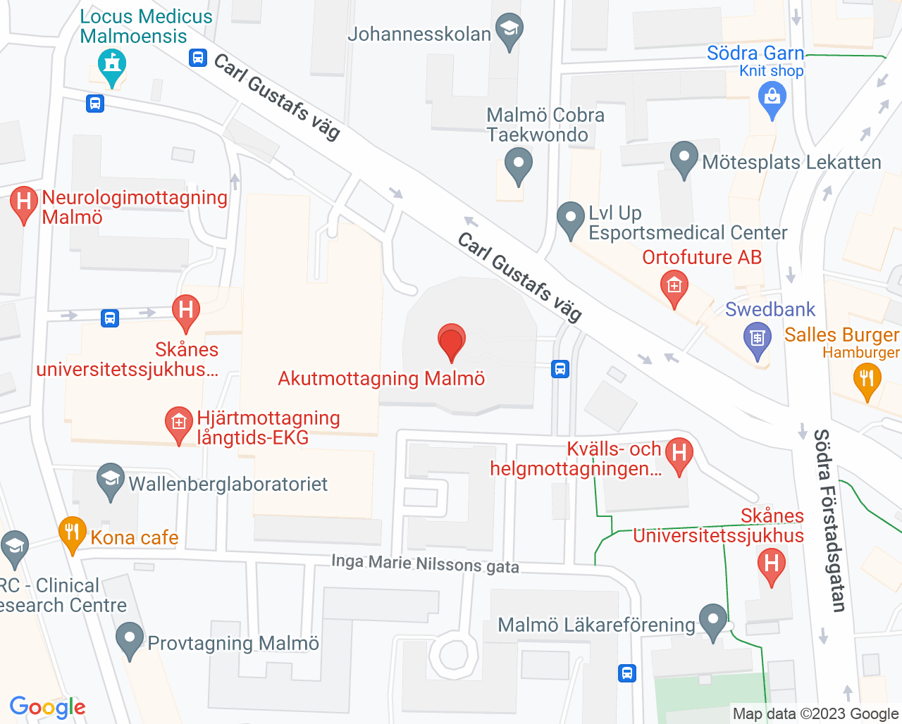Karta till Akutmottagning barn och ungdom Malmö