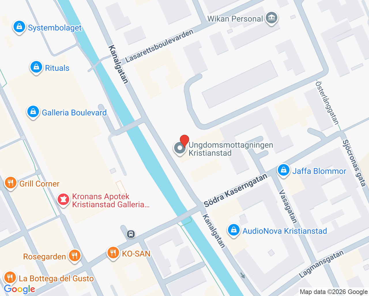 Karta till Ungdomsmottagningen Kristianstad