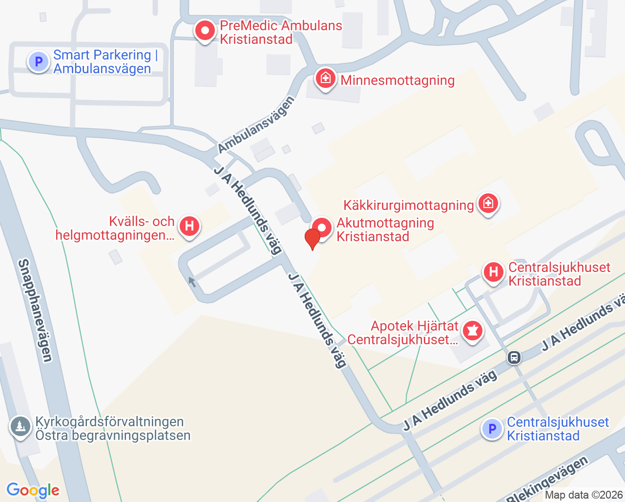 Karta till Akutmottagning barn och ungdom Kristianstad